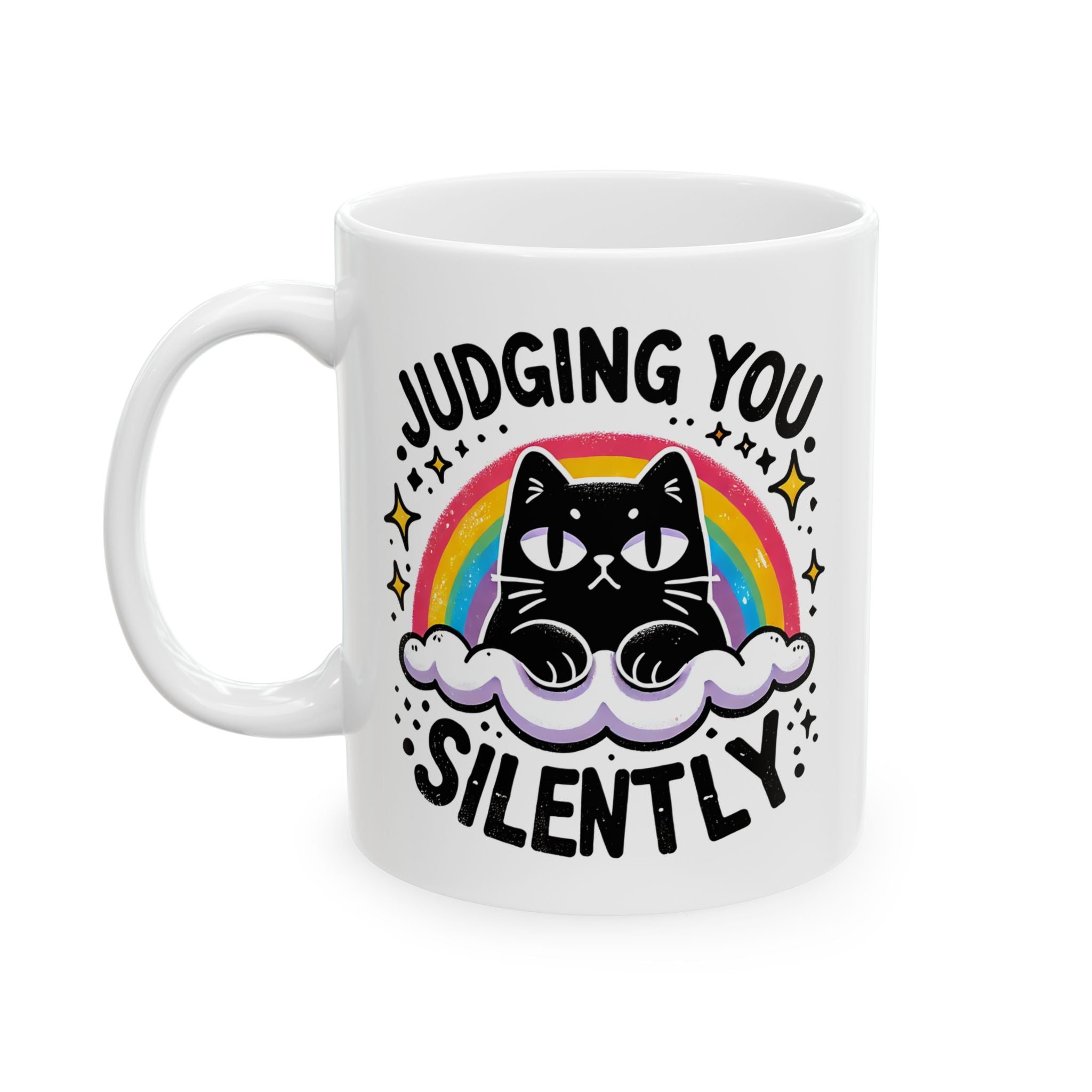 Silently Judging Cat Ceramic Mug | Funny Cat Coffee Mug with Sarcastic Illustration 11oz./15oz.