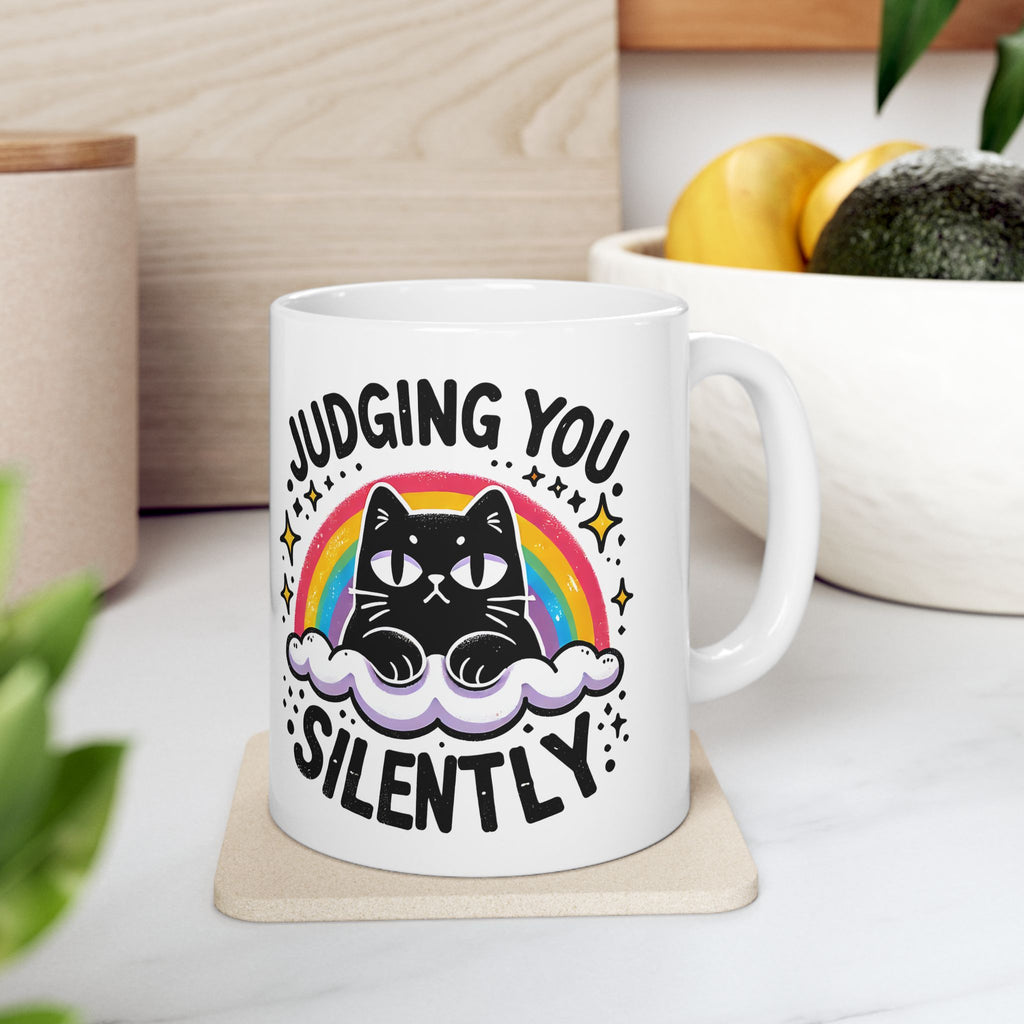 Silently Judging Cat Ceramic Mug | Funny Cat Coffee Mug with Sarcastic Illustration 11oz./15oz.
