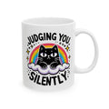 Silently Judging Cat Ceramic Mug | Funny Cat Coffee Mug with Sarcastic Illustration 11oz./15oz.