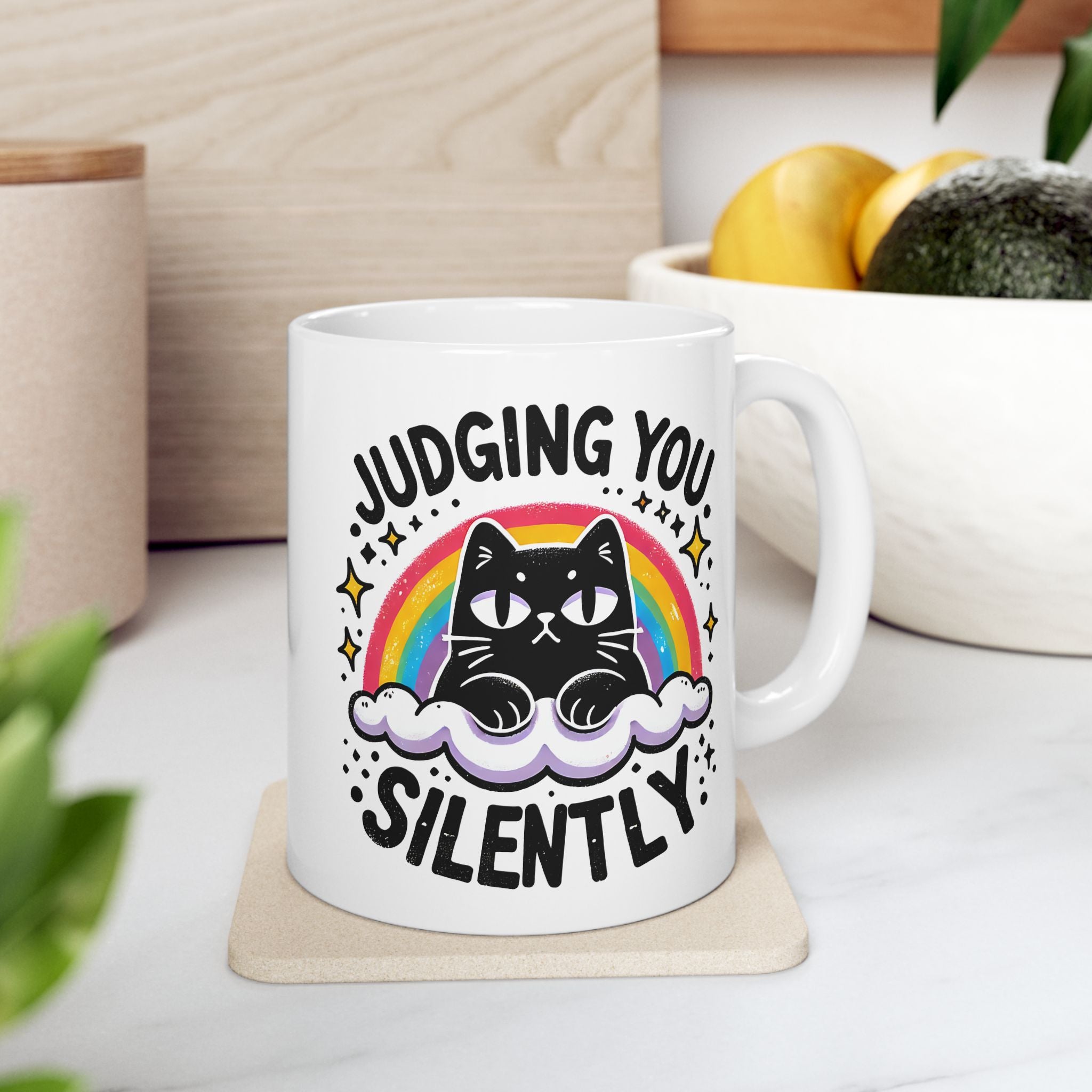 Silently Judging Cat Ceramic Mug | Funny Cat Coffee Mug with Sarcastic Illustration 11oz./15oz.