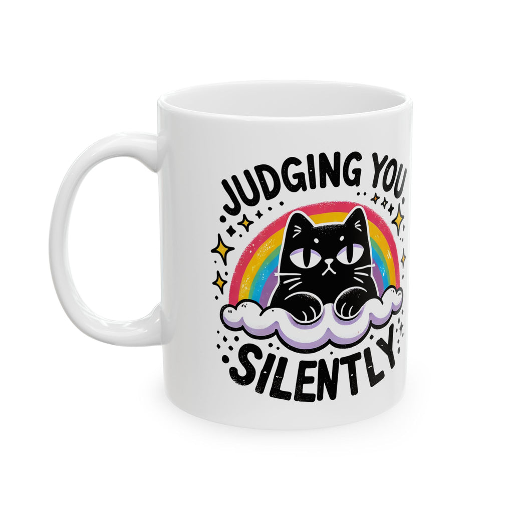 Silently Judging Cat Ceramic Mug | Funny Cat Coffee Mug with Sarcastic Illustration 11oz./15oz.